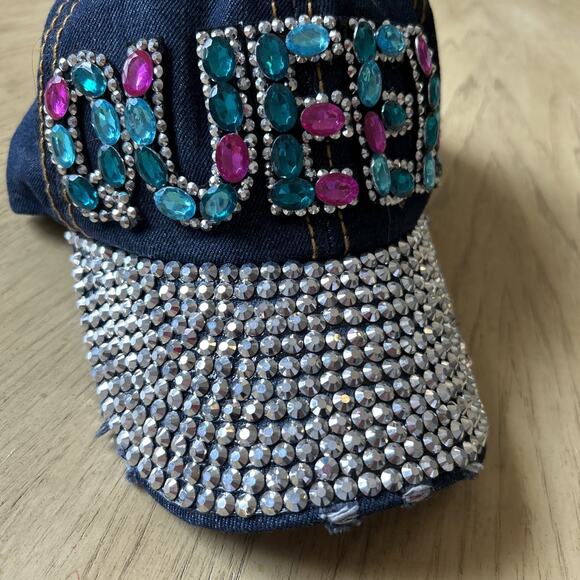 Rhinestone Baseball Hat Blue Denim with Studs Distressed Bling Cap “Queen” Y2K - Picture 2 of 13